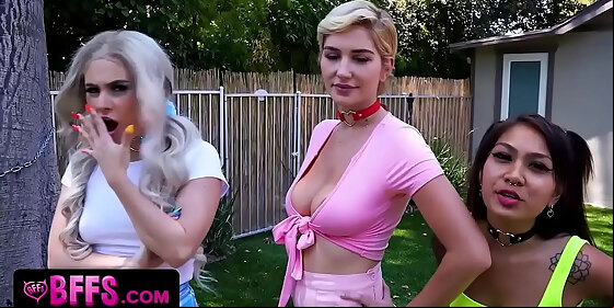 bffs cute little hotties in cosplay costumes and fishnets share lucky stud and drain his powers