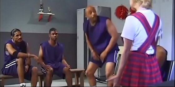 a young slut in a short dress serves the black guys basketball team in the locker room after the game